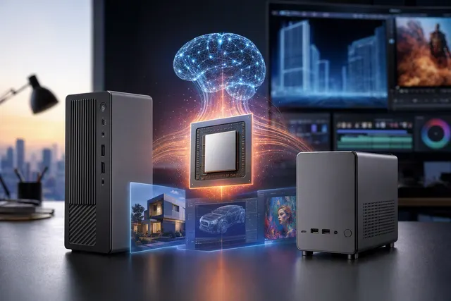 Editorial illustration of compact Lenovo and Acemagic local AI mini workstations using AMD Ryzen AI Max+ PRO 495