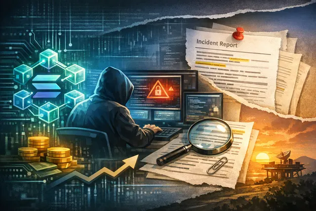 A conceptual digital art piece showing a cracked vault door labeled 'Drift Protocol' with glowing Solana blockchain symbols, representing a $285 million crypto hack.