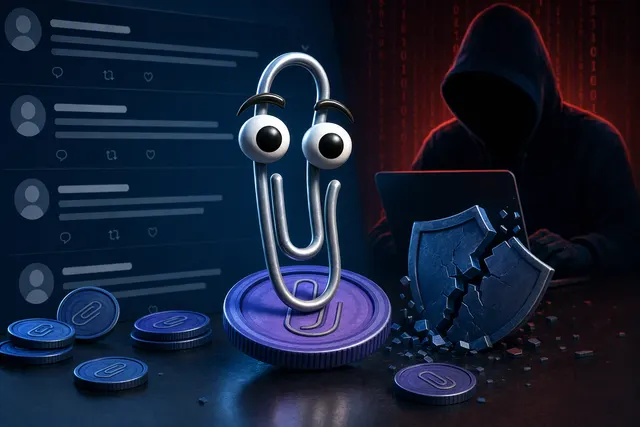 Illustration of a paperclip-themed cryptocurrency promotion appearing on a compromised corporate social media account