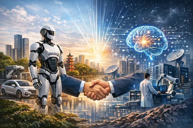 Conceptual image of a Vietnamese and American technology partnership for advanced humanoid robotics in a futuristic engineering lab.