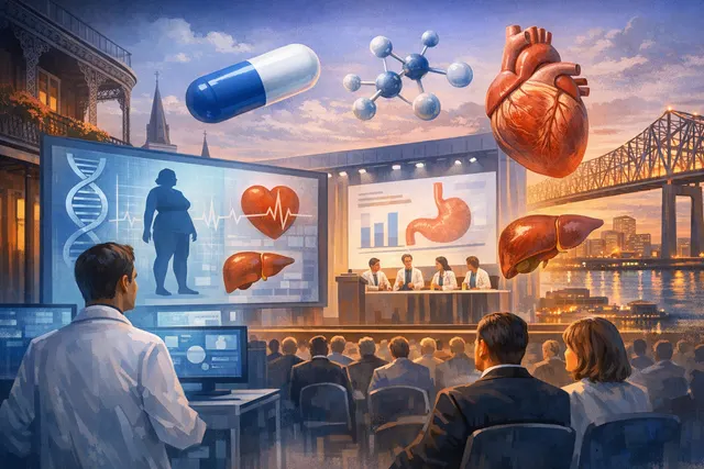 New clinical trial data presentation at a medical conference, representing semaglutide's impact on conditions beyond weight loss including biological aging and sleep apnea