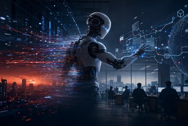 Editorial illustration of autonomous AI agents and enterprise cybersecurity risks