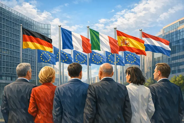 European Union flags at a finance ministers' meeting in Berlin, symbolizing the E6 agreement on centralizing capital market supervision under ESMA
