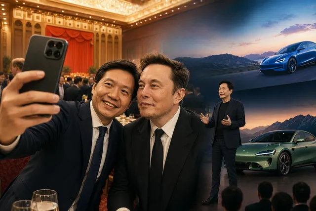 Lei Jun taking a selfie with Elon Musk during a Beijing state banquet attended by global tech leaders