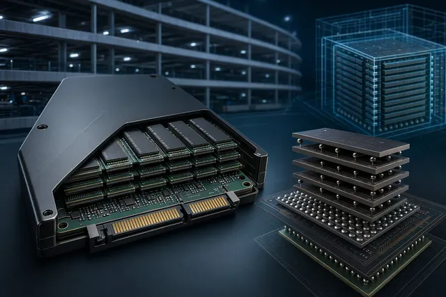 Concept illustration of an ultra‑high‑capacity enterprise SSD using stacked NAND dies