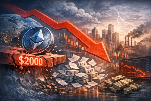 Ethereum price chart breaking below the $2,000 psychological level amid a sea of red market data and macro headwinds