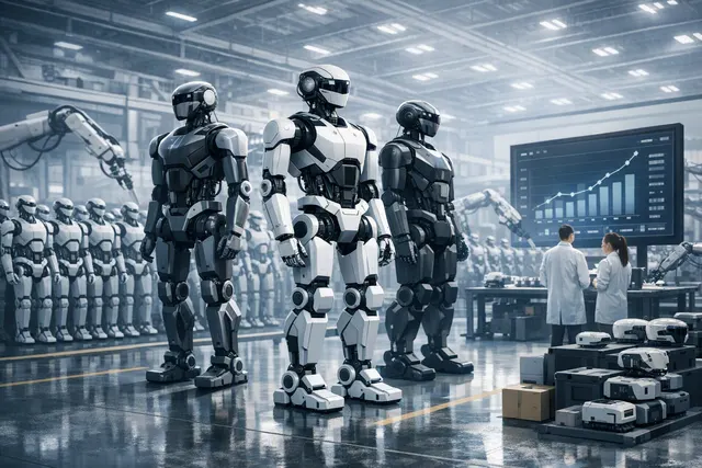 Humanoid robots representing Unitree and AgiBot production scale in China’s bipedal robotics race