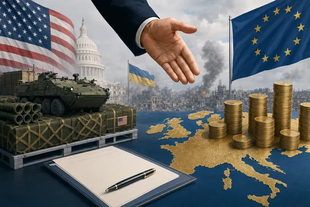 Editorial illustration of the U.S., Europe and Ukraine aid debate