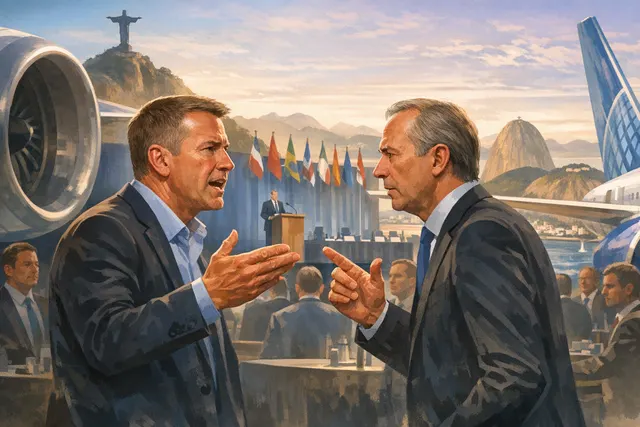 United Airlines CEO Scott Kirby speaks at the 2026 IATA summit with Rolls-Royce engine imagery in the background, symbolizing the $175 million legal dispute and grounded A350 order