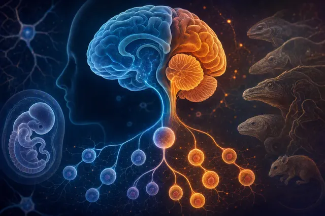 Editorial illustration of distinct early developmental lineages contributing to the brain