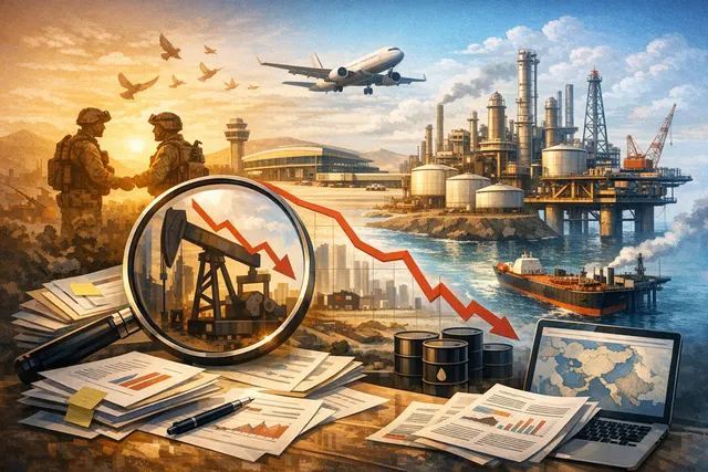 AI-generated visual depicting a crude oil price chart with a steep downward trend and a stylized map of the Strait of Hormuz, reflecting the Q2 2026 oil price collapse.