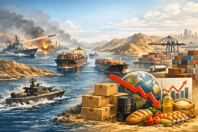 How is the U.S.-Iran war and the collapse of shipping through the Strait of Hormuz impacting global supply chains, consumer prices, and food