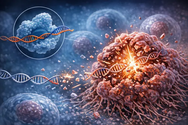 Visualization of the CRISPR-Cas12a2 chromatin shredding mechanism selectively destroying a cancer cell's DNA.