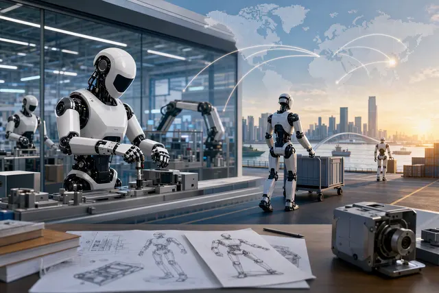 Editorial illustration of a humanoid robot working in a modern garment factory