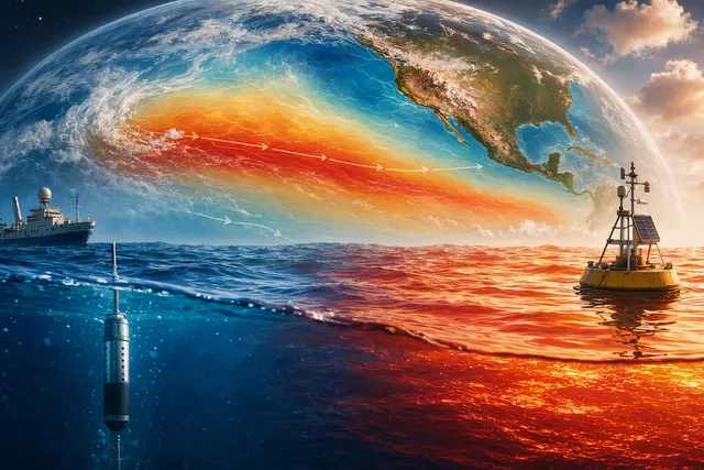 Editorial illustration of the strengthening 2026 El Niño in the Pacific Ocean