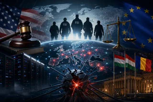 Editorial illustration representing a cybersecurity operation against a peer-to-peer botnet