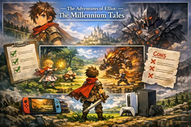The Adventures of Elliot: The Millennium Tales HD-2D action-RPG artwork featuring the protagonist exploring a vibrant fantasy world