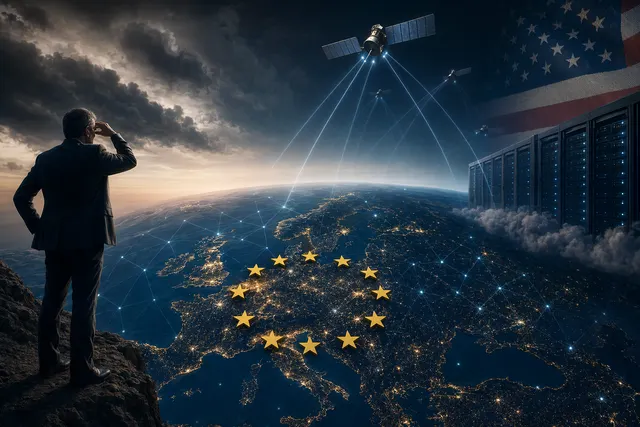 Conceptual illustration of Europe’s dependence on foreign satellite and AI infrastructure