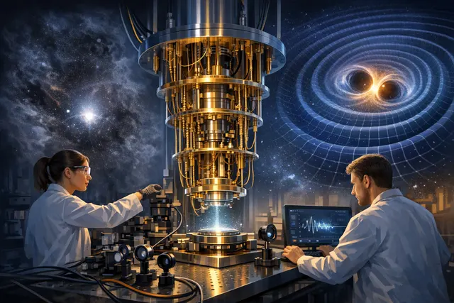 Artistic rendering of a prototype differential atom interferometer setup with ultracold strontium atoms, a laser beam, and a subtle signal wave representing dark matter or gravitat