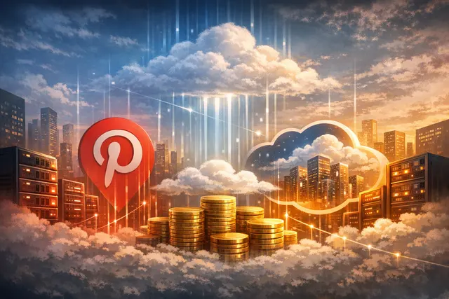 Editorial illustration showing the Pinterest and AWS logos connected by a glowing $4 billion partnership deal, with AI chip circuitry and visual search elements in the background
