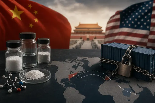 Illustration representing fentanyl precursor chemicals and international export controls between China and North America