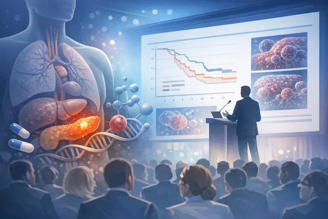 Daraxonrasib clinical trial concept showing a molecular structure overlaid on pancreatic cancer cells