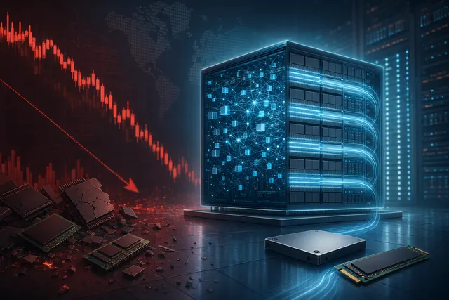 Editorial illustration of AI infrastructure and memory-chip market volatility following DeepSeek V4.1 Flash