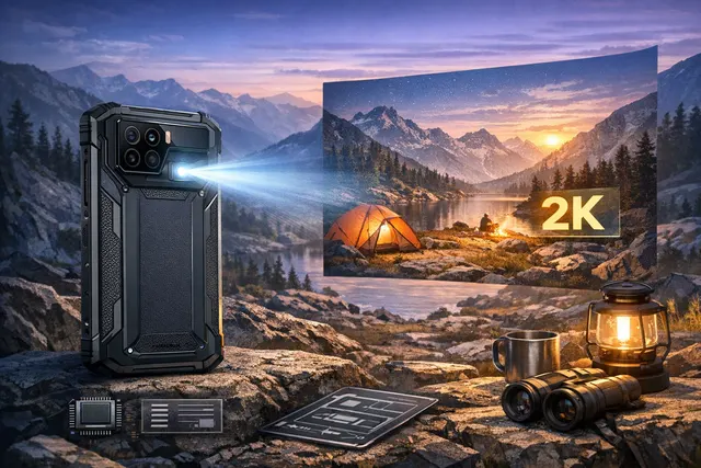 The 8849 Tank 5 rugged smartphone displaying a built-in 2K DLP projector in use outdoors against a dark textured background.