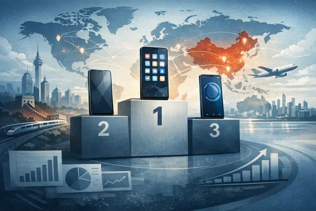 Editorial illustration representing Huawei HarmonyOS competing with Android and iOS in the global smartphone operating-system market