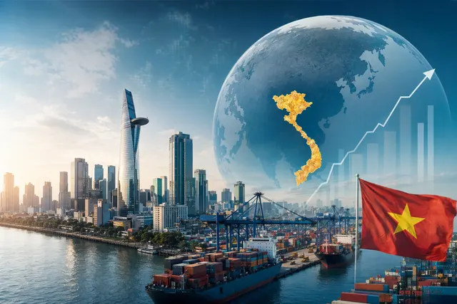 Illustration of Vietnam economic growth outlook with charts and global trade elements