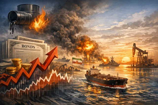 A financial chart showing a sharp surge in bond yields against a backdrop of a geopolitical conflict map, symbolizing the impact of the Iran war on global markets.