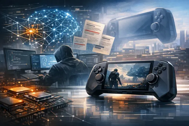 Conceptual illustration of a rumored Sony PS6 handheld beside memory chips and AI data-center hardware