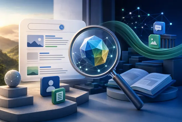 Illustration of Google AI-powered search with ranking fluctuations and algorithm update concept