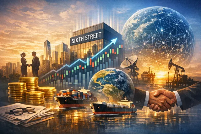 Illustration of a trade intelligence data platform on a digital screen with shipping routes, containers, and financial deal charts.