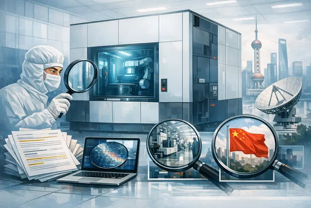 A conceptual illustration showing a semiconductor wafer with circuit patterns, representing China's DUV lithography breakthrough and the global chip stock market reaction.