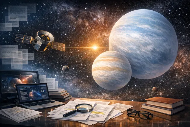 Illustration of the Sun-like star TOI-791 with two giant super-puff exoplanets in orbit, as discovered by NASA's TESS mission.