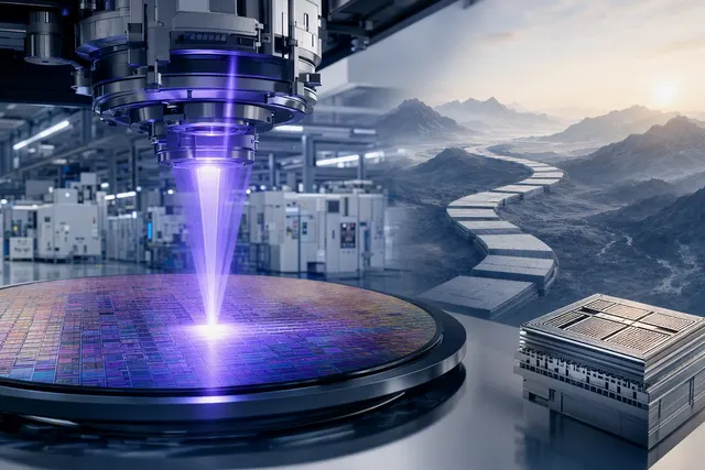 Illustration of semiconductor lithography equipment and a silicon wafer