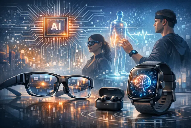 Abstract visualization of Qualcomm's AI-powered smart eyewear strategy with glowing circuit frames and Inspecs partnership