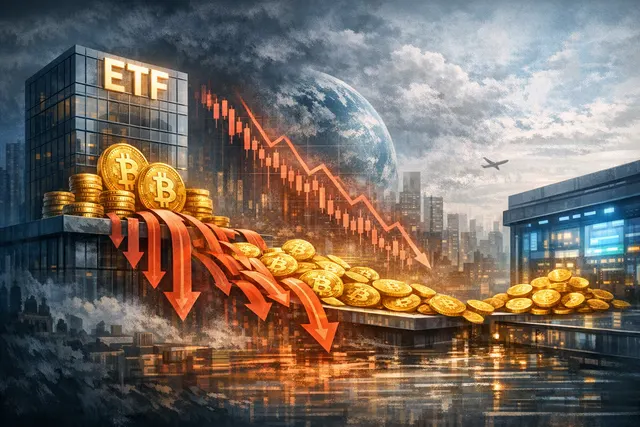 Digital rendering of a cracked and volatile Bitcoin symbol amidst a storm of falling red arrows and financial graphs, representing market turmoil and ETF outflows.