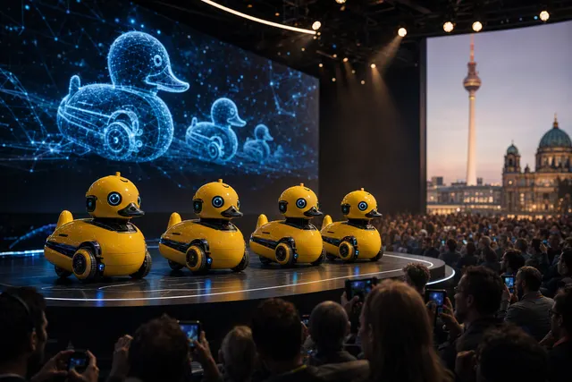 Illustration of duck-shaped Microduck robots representing the GTC Berlin demonstration