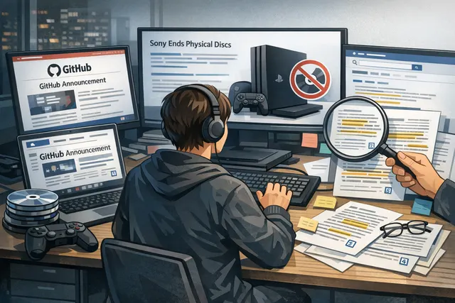 A compact disc with a PlayStation controller and code on a desk, representing the clash between digital and physical media in gaming.