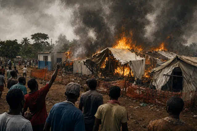 Illustration of an Ebola treatment center in Rwampara where tents were burned during a protest over burial rights