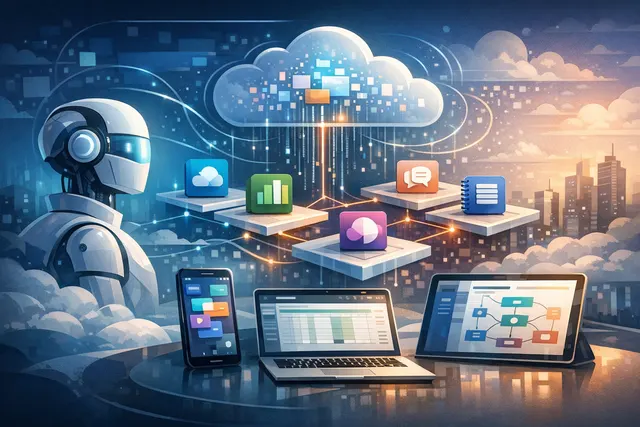 Illustration representing Microsoft 365 Copilot's May 2026 update with new AI model options, data connectors, and automation features