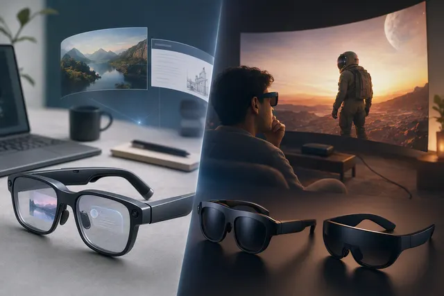 Editorial illustration of display-equipped smart glasses representing RayNeo’s AI productivity and portable-cinema strategy