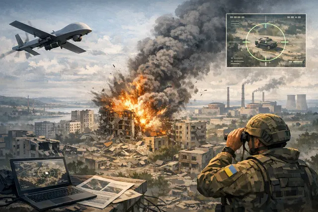 Illustration of an autonomous AI-guided drone carrying an onboard computer over a city