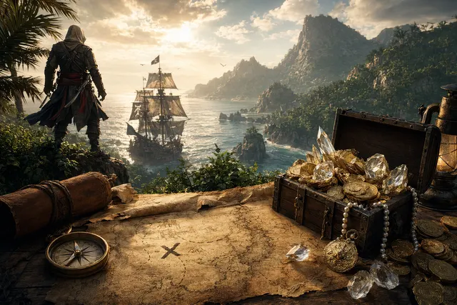 Illustration of a pirate treasure chest representing Ubisoft’s $500,000 Assassin’s Creed Black Flag treasure hunt