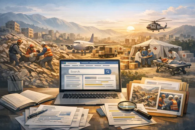Editorial illustration representing the international humanitarian response to the 2026 Venezuela earthquakes, with aid shipments, naval ships, and rescue operations.