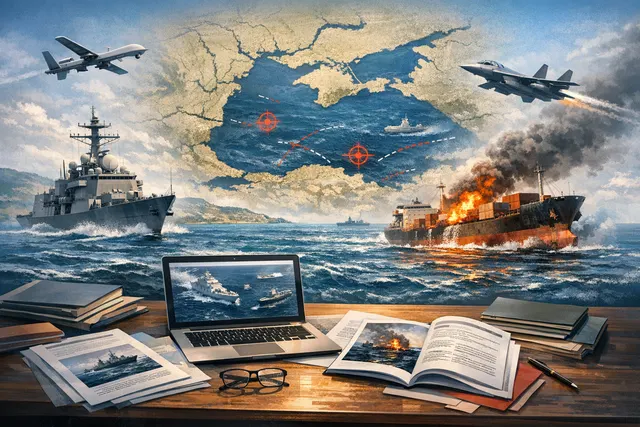 A conceptual illustration of a cargo ship on the Black Sea, representing the MV Golden Leo sinking and the escalation of the maritime conflict.