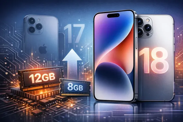 Conceptual render showing the iPhone 18 design with 12GB RAM highlighted, symbolizing advanced Siri AI capabilities