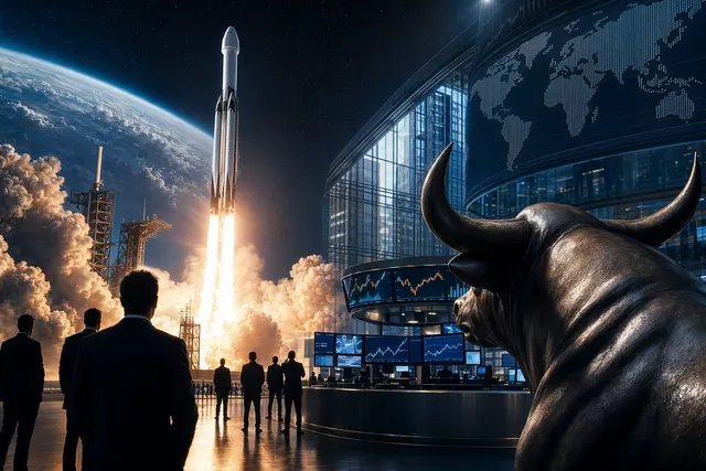 Illustration of a SpaceX rocket launch symbolizing the impact of a massive IPO on the global space industry